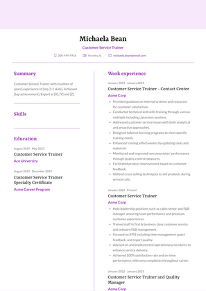 Customer Service Trainer Resume Sample and Template