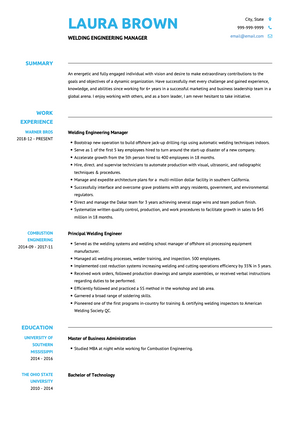 Welding Engineering Manager CV Example and Template