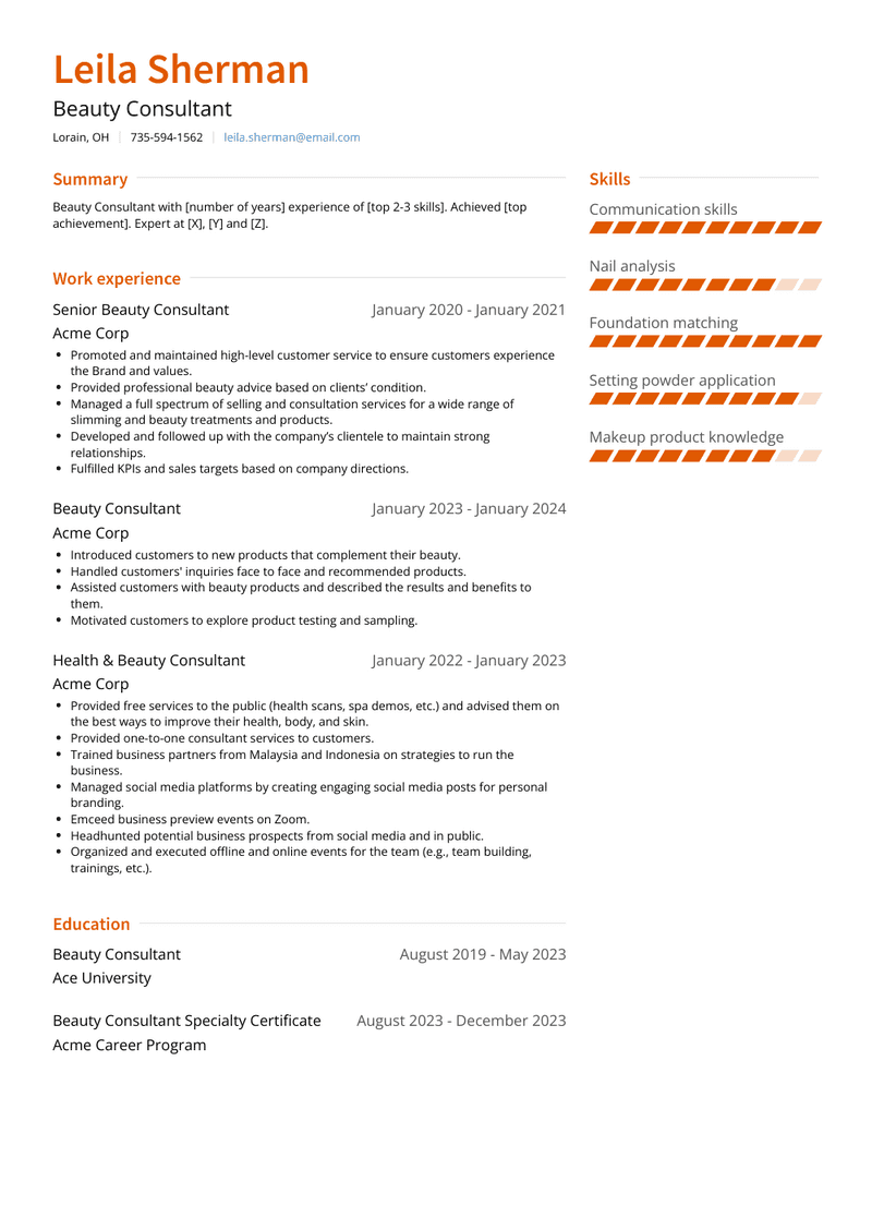 Beauty Consultant Resume Sample and Template