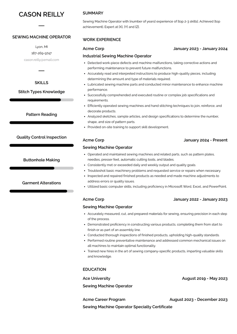 Sewing Machine Operator Resume Sample and Template