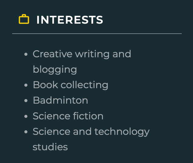 Hobbies and interests resume section example: denali
