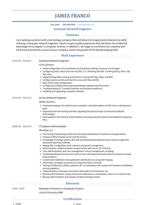 Assistant Network Engineer Resume Sample and Template