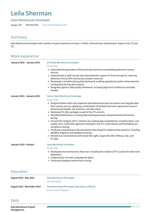 Data Warehouse Developer Resume Sample and Template