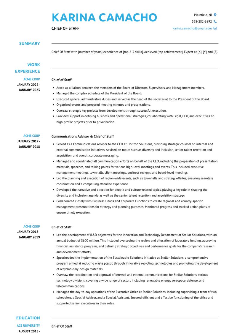 Chief Of Staff Resume Sample and Template