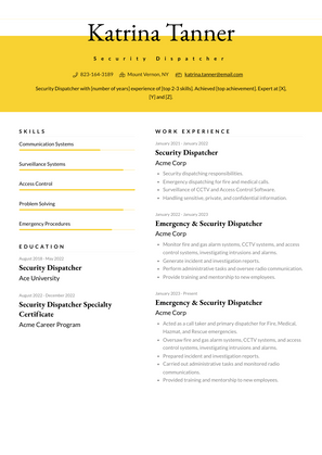 Security Dispatcher Resume Sample and Template