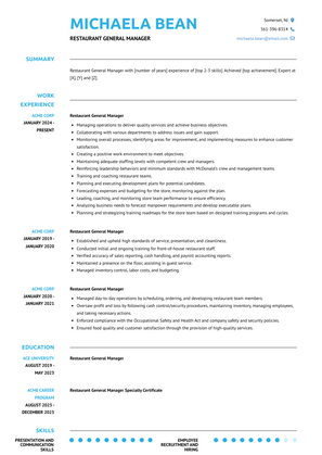 Restaurant General Manager Resume Sample and Template