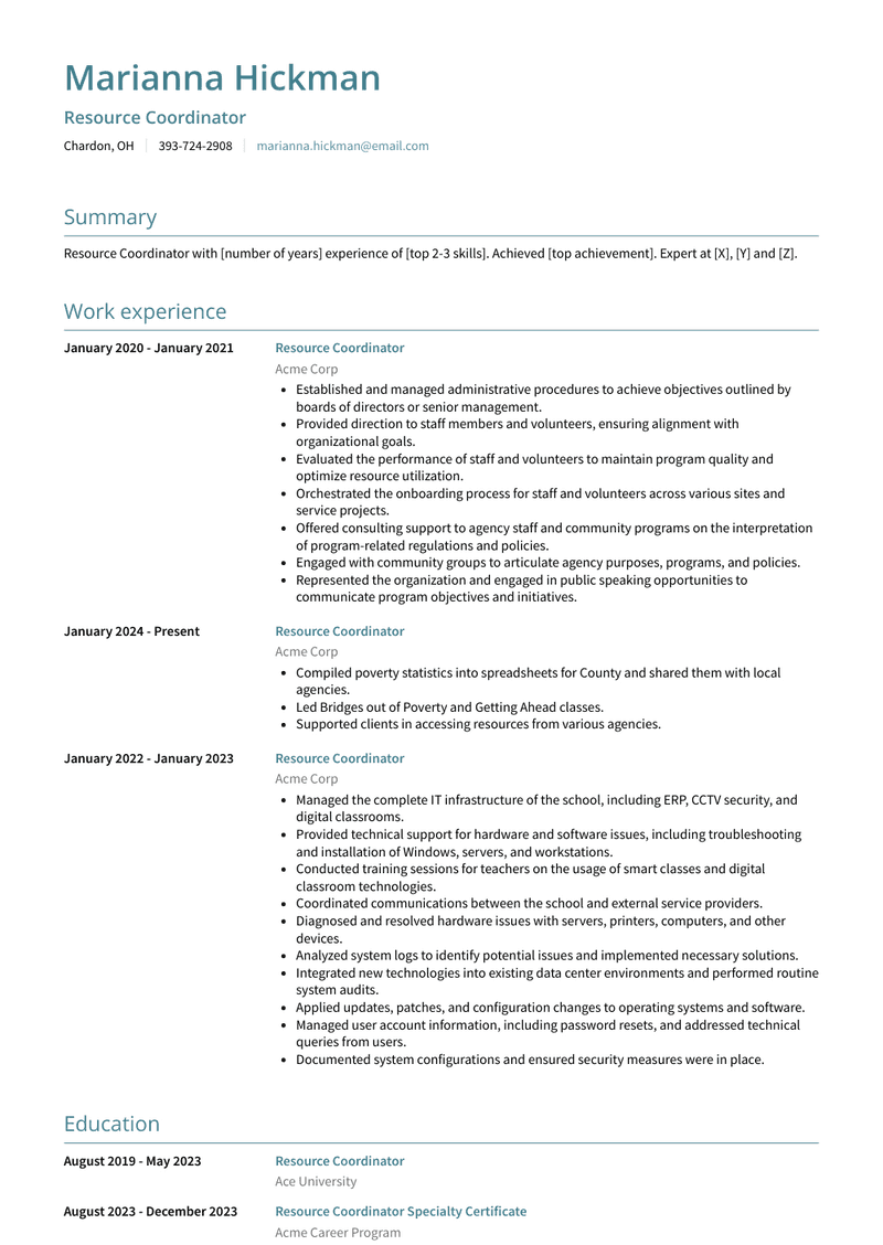 Resource Coordinator Resume Sample and Template