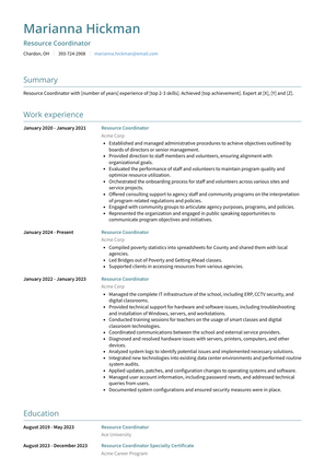 Resource Coordinator Resume Sample and Template