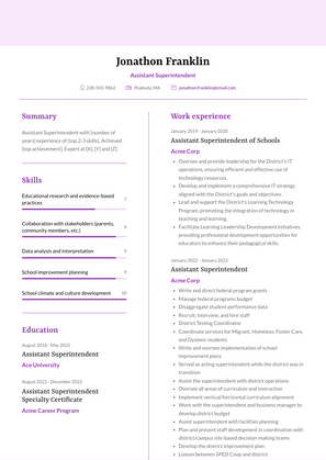 Assistant Superintendent Resume Sample and Template