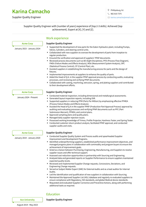 Supplier Quality Engineer Resume Sample and Template