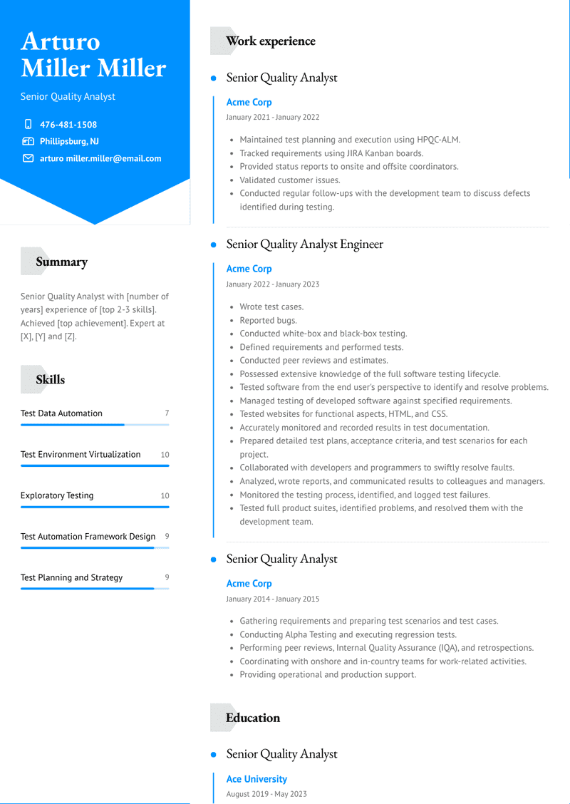 Senior Quality Analyst Resume Sample and Template