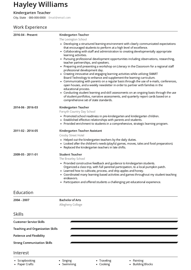 Kindergarten Teacher Resume Sample and Template