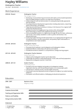 Kindergarten Teacher Resume Sample and Template