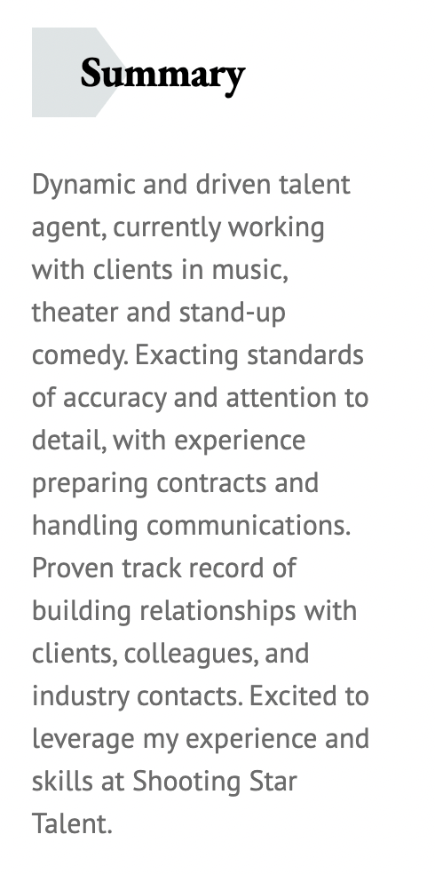 talent agent resume summary