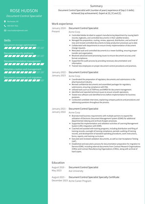 Document Control Specialist Resume Sample and Template