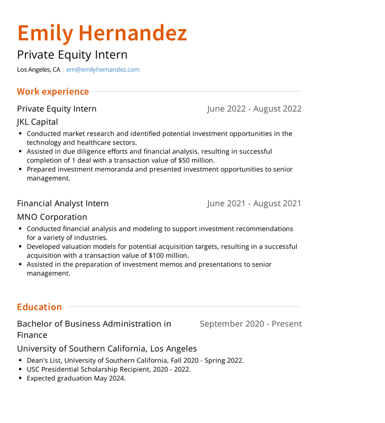 Private Equity Intern Resume Example
