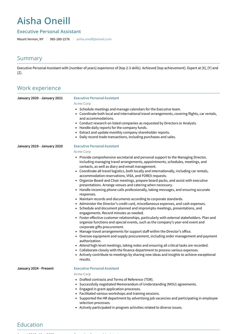 Executive Personal Assistant Resume Sample and Template