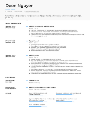 Ranch Hand Resume Sample and Template