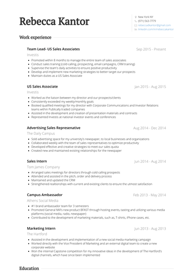 Team Lead  Us Sales Associates Resume Sample and Template