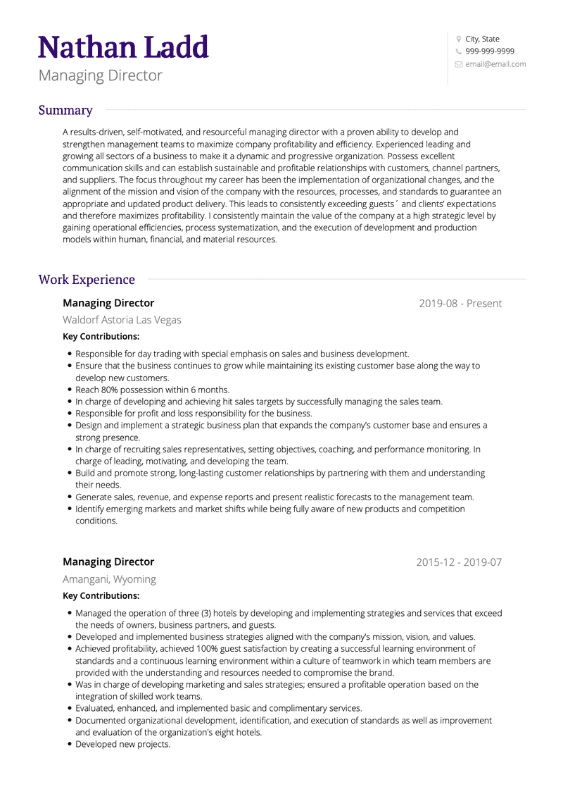 Managing Director CV Example and Template