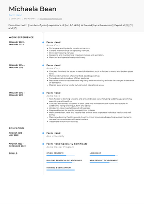 Farm Hand Resume Sample and Template