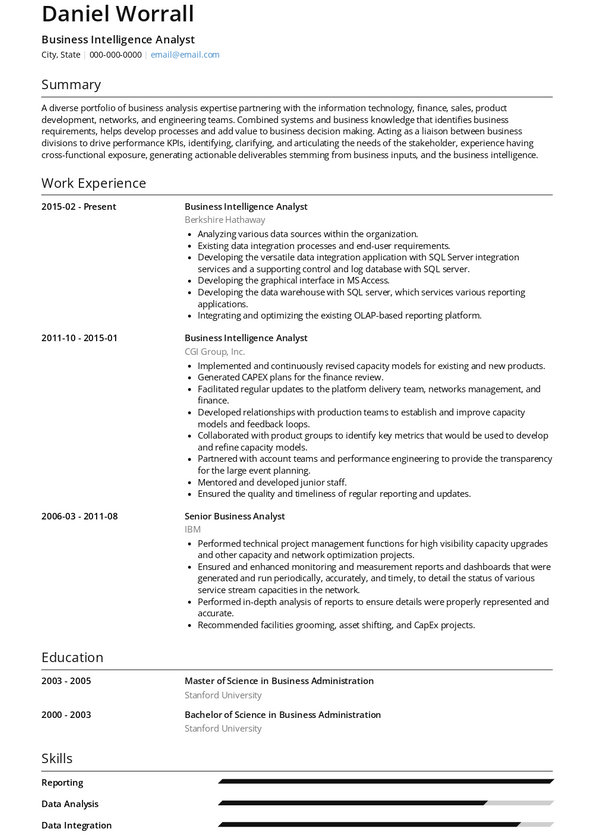 business intelligence analyst responsibilities on resume