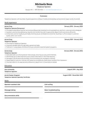 Telephone Operator Resume Sample and Template