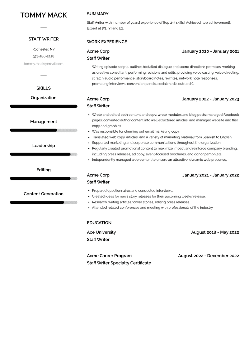 Staff Writer Resume Sample and Template