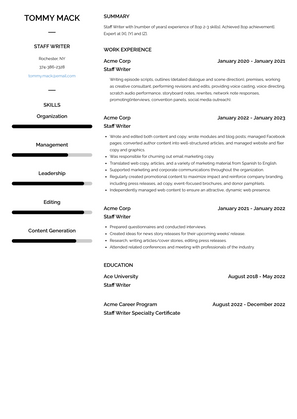 Staff Writer Resume Sample and Template