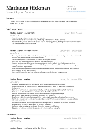 Student Support Services Resume Sample and Template