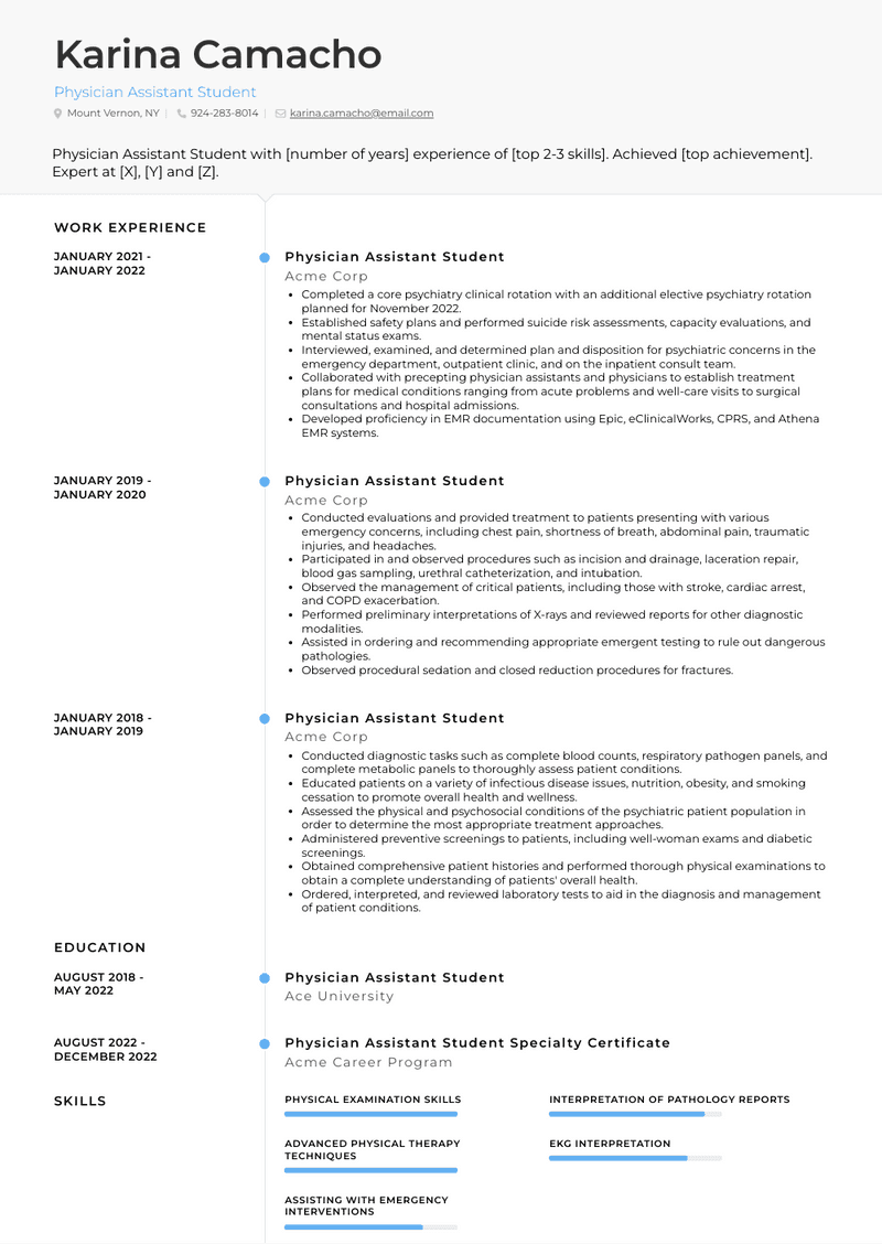 Physician Assistant Student Resume Sample and Template