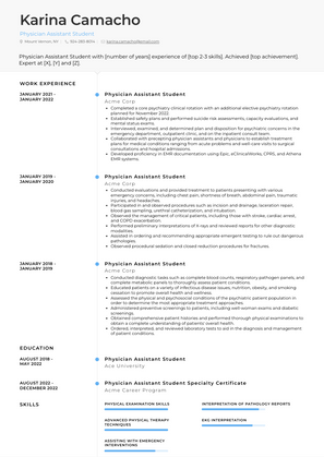 Physician Assistant Student Resume Sample and Template