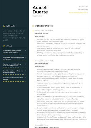 Lead Hostess Resume Sample and Template