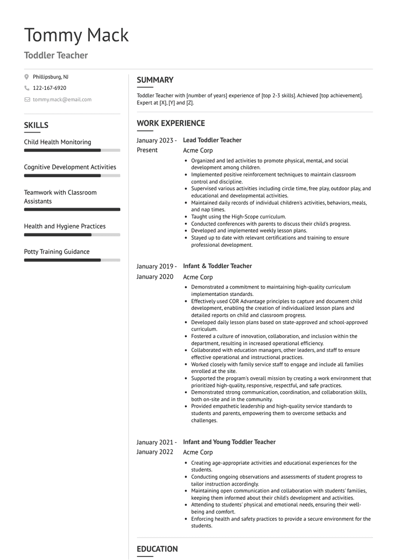 Toddler Teacher Resume Sample and Template