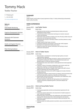 Toddler Teacher Resume Sample and Template