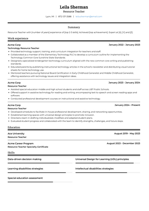 Resource Teacher Resume Sample and Template