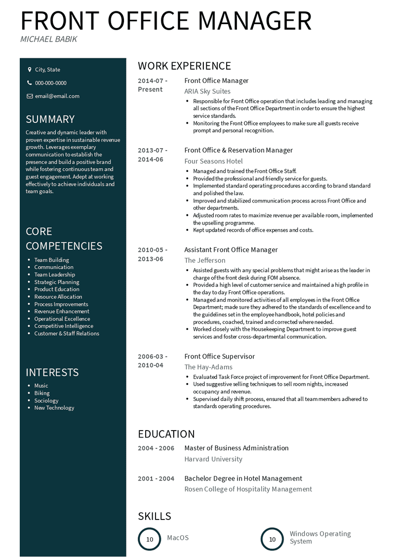 resume format for front office manager