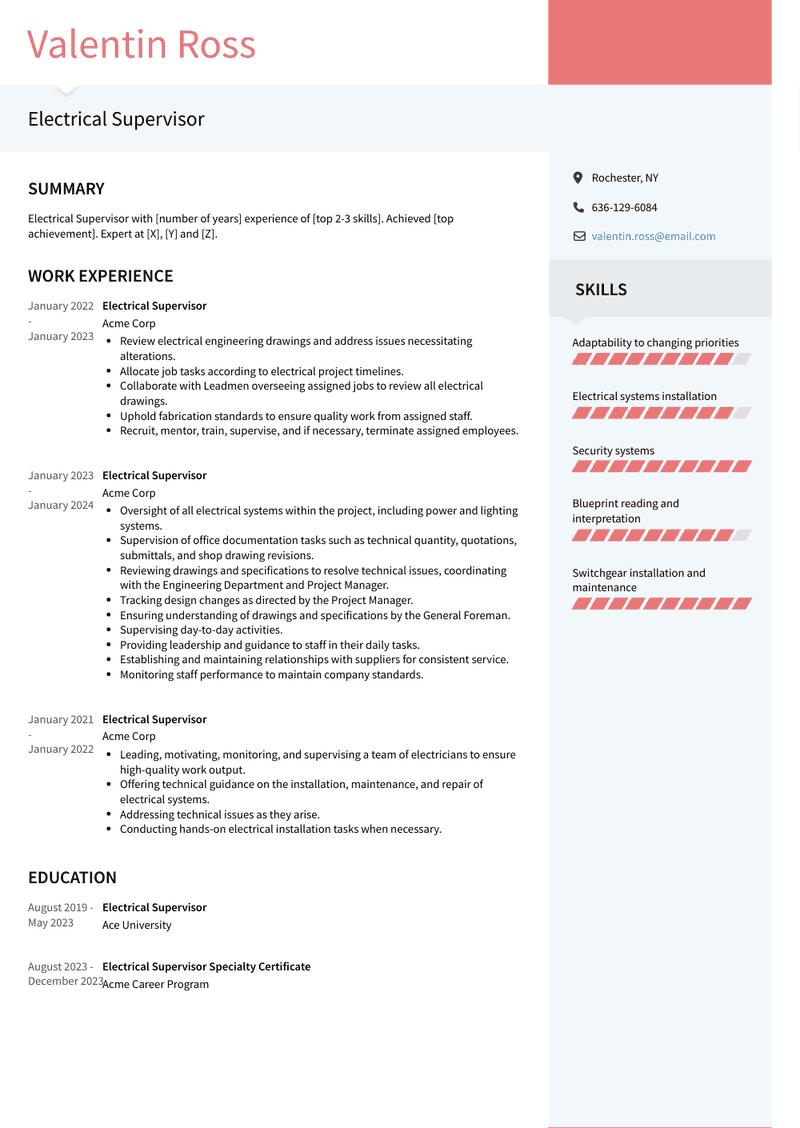 Electrical Supervisor Resume Sample and Template