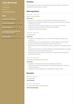 Tax Specialist Resume Sample and Template