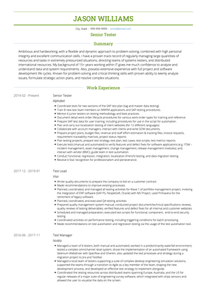Senior Tester CV Example and Template