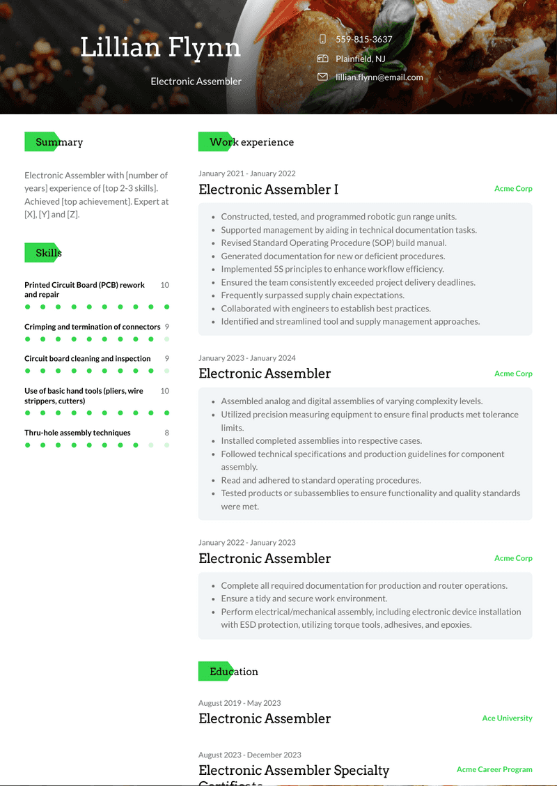 Electronic Assembler Resume Sample and Template