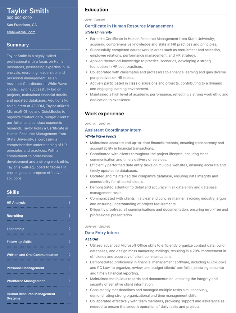 HR Resume No Experience Quartz Example