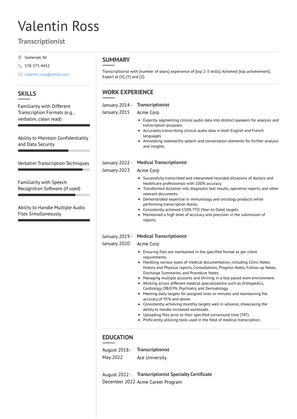 Transcriptionist Resume Sample and Template