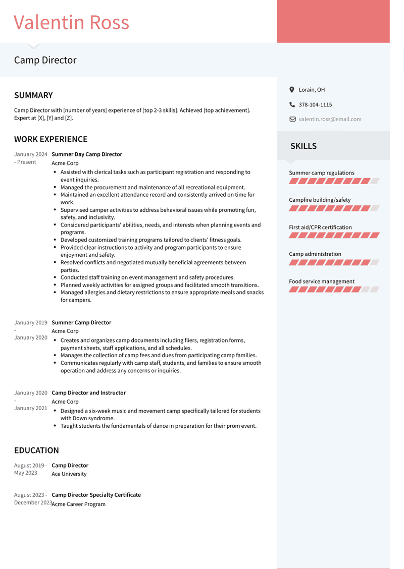 Camp Director Resume Sample and Template