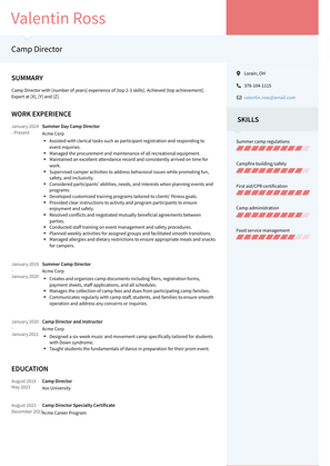 Camp Director Resume Sample and Template