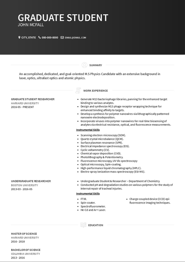 graduate student resume summary