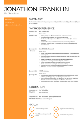 Noc Technician Resume Sample and Template