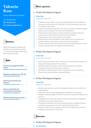 Product Development Engineer Resume Sample and Template