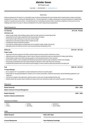 SD Project Lead Resume Sample and Template