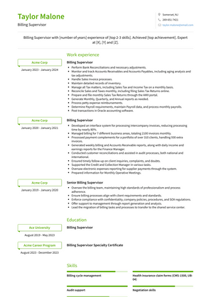 Billing Supervisor Resume Sample and Template